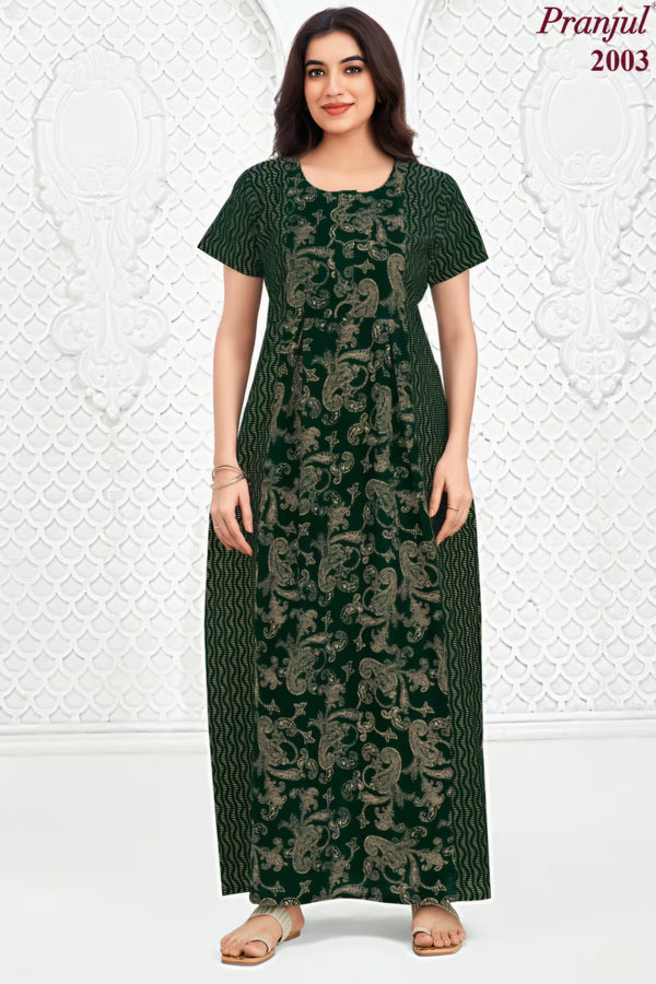 Pranjul 2003 dark green paisley printed cotton nighty for women | Bavis Clothing