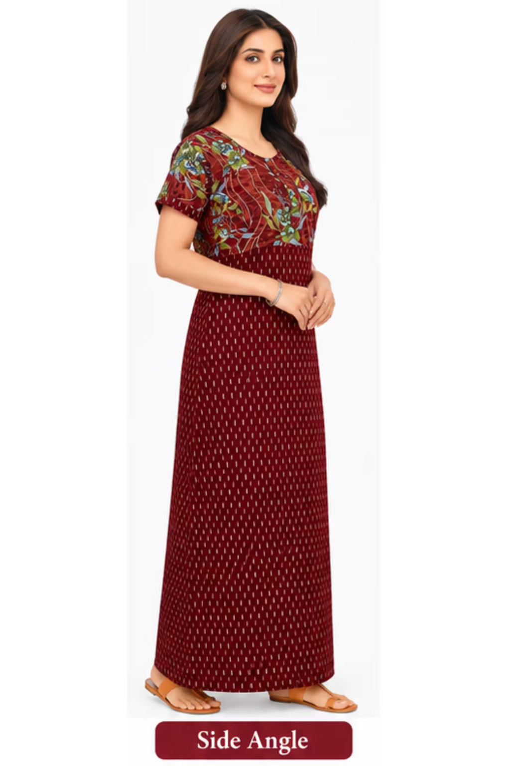 Side Angle - Pranjul 2004 Printed Cotton Nighty for Women – Maroon Floral Full Length | Bavis Clothing