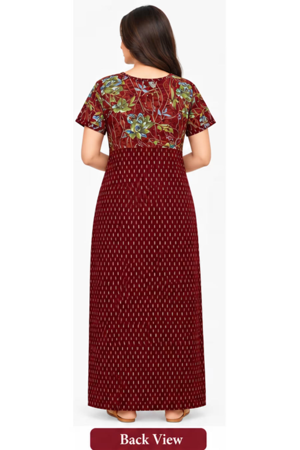 Back View - Pranjul 2004 Printed Cotton Nighty for Women – Maroon Floral Full Length | Bavis Clothing