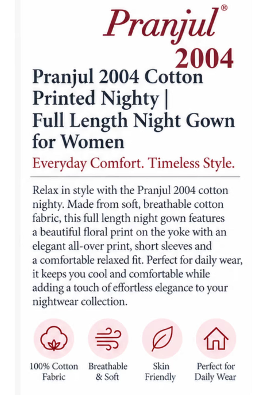 Product Detail - Pranjul 2004 Printed Cotton Nighty for Women – Maroon Floral Full Length | Bavis Clothing