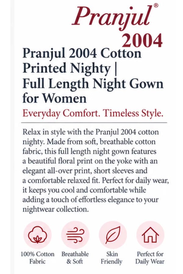 Product Detail - Pranjul 2004 Printed Cotton Nighty for Women – Maroon Floral Full Length | Bavis Clothing