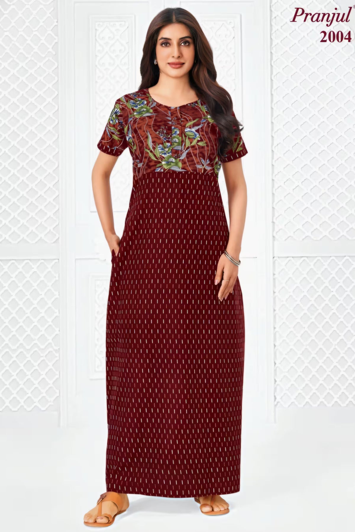 Pranjul 2004 maroon floral printed cotton nighty for women