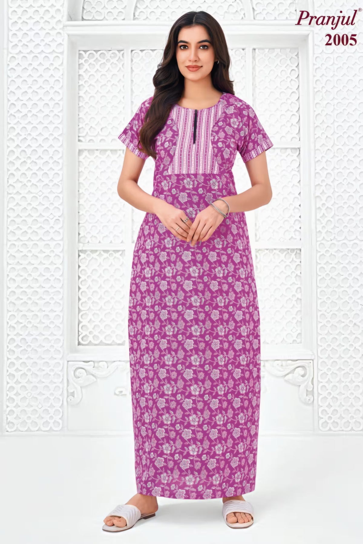 Pranjul 2005 Cotton Nighty for Women | Magenta Floral