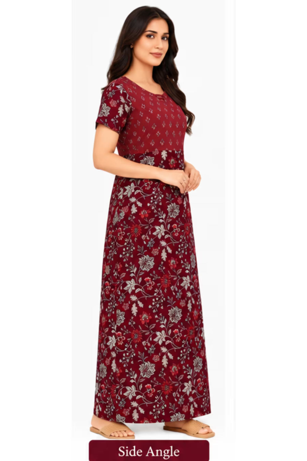 Side Angle - Pranjul 2014 Printed Nighty for Women – Maroon Floral Full Length | Bavis Clothing