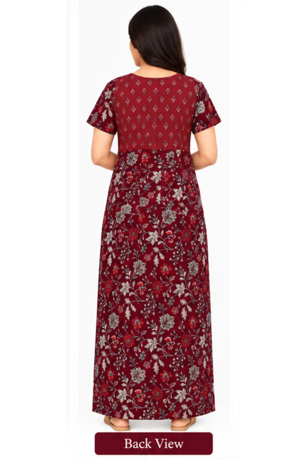 Back View - Pranjul 2014 Printed Nighty for Women – Maroon Floral Full Length | Bavis Clothing