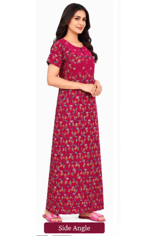 Side Angle - Pranjul 2016 Printed Cotton Nighty for Women – Magenta Pink Leaf Print | Bavis Clothing