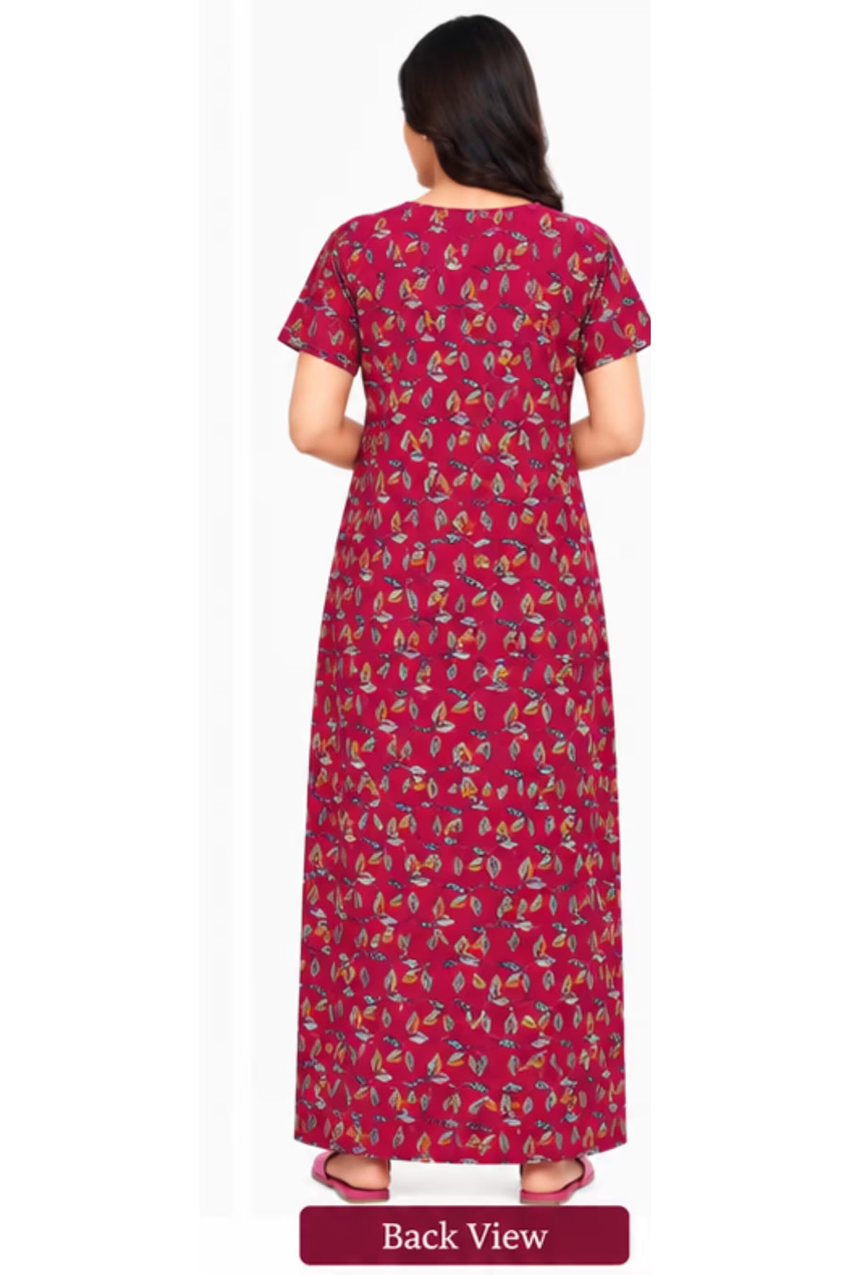 Back View - Pranjul 2016 Printed Cotton Nighty for Women – Magenta Pink Leaf Print | Bavis Clothing