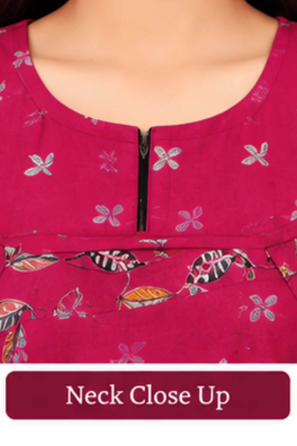 Neck Close Up - Pranjul 2016 Printed Cotton Nighty for Women – Magenta Pink Leaf Print | Bavis Clothing