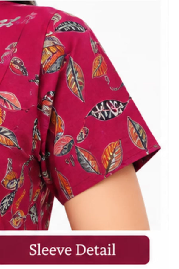Sleeve Detail - Pranjul 2016 Printed Cotton Nighty for Women – Magenta Pink Leaf Print | Bavis Clothing