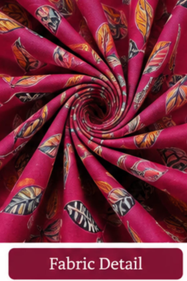 Fabric Detail - Pranjul 2016 Printed Cotton Nighty for Women – Magenta Pink Leaf Print | Bavis Clothing