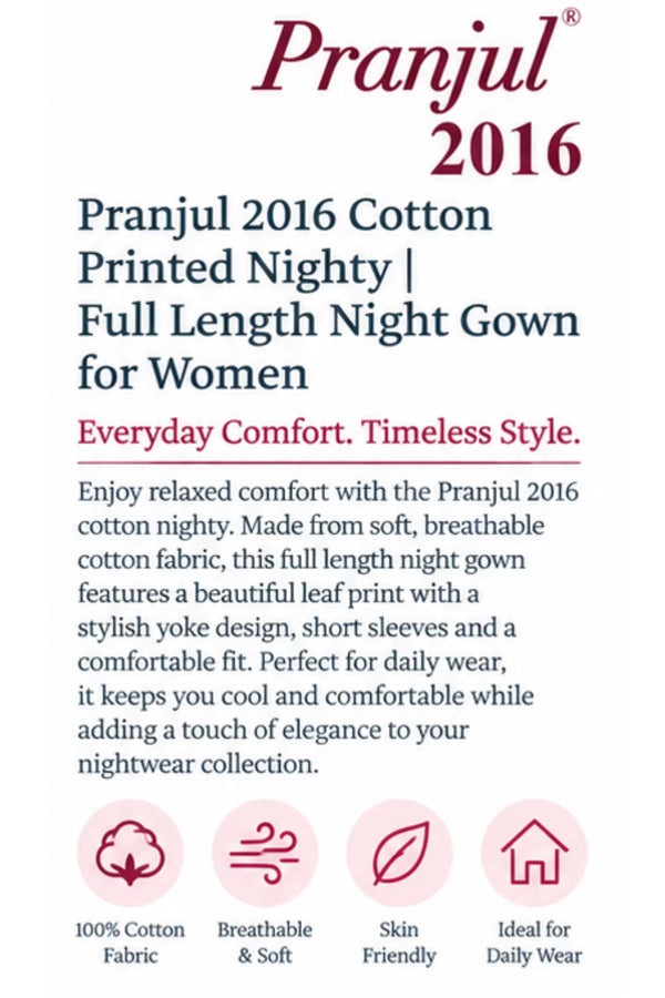 Product Detail - Pranjul 2016 Printed Cotton Nighty for Women – Magenta Pink Leaf Print | Bavis Clothing