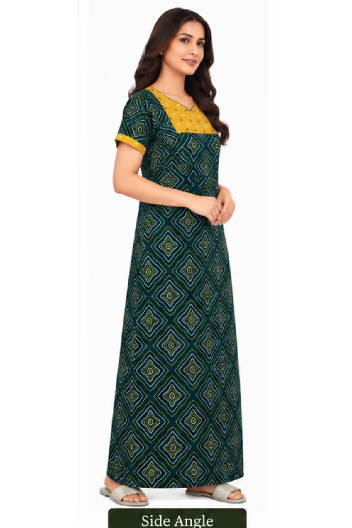 Side Angle - Pranjul 2017 Geometric Print Nighty for Women – Dark Teal Green Full Length | Bavis Clothing
