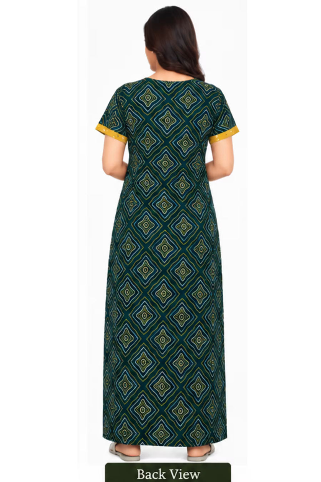 Back View- Pranjul 2017 Geometric Print Nighty for Women – Dark Teal Green Full Length | Bavis Clothing