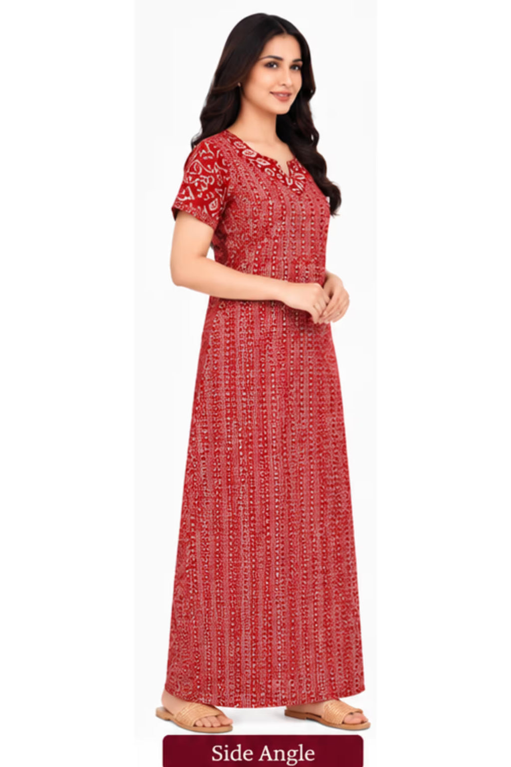 Side Angle - Pranjul 2018 Printed Cotton Nighty for Women – Red Geometric Full Length | Bavis Clothing