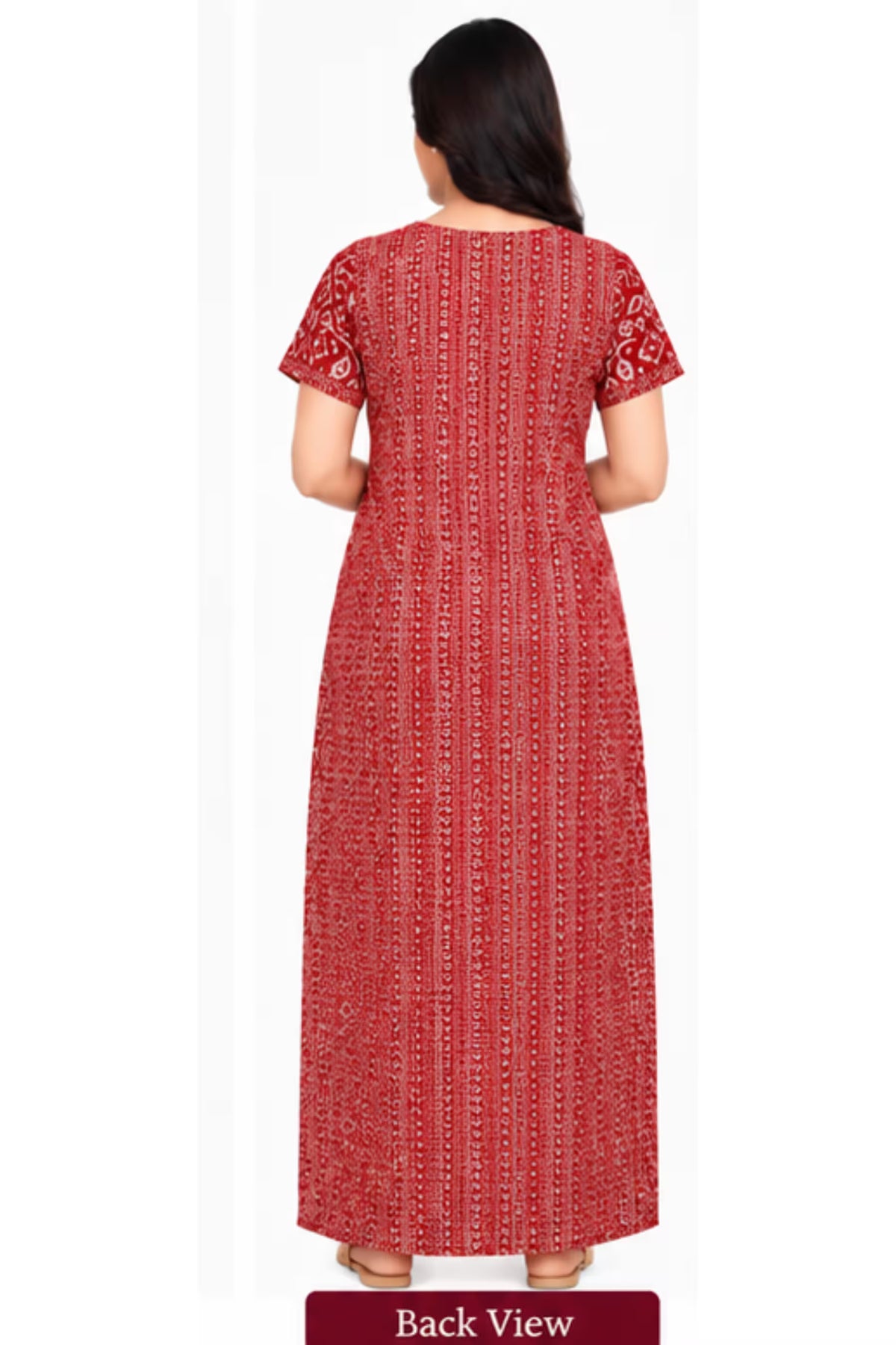 Back View - Pranjul 2018 Printed Cotton Nighty for Women – Red Geometric Full Length | Bavis Clothing