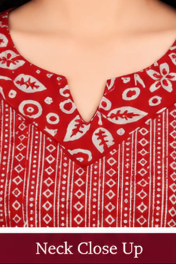 Neck Close Up - Pranjul 2018 Printed Cotton Nighty for Women – Red Geometric Full Length | Bavis Clothing