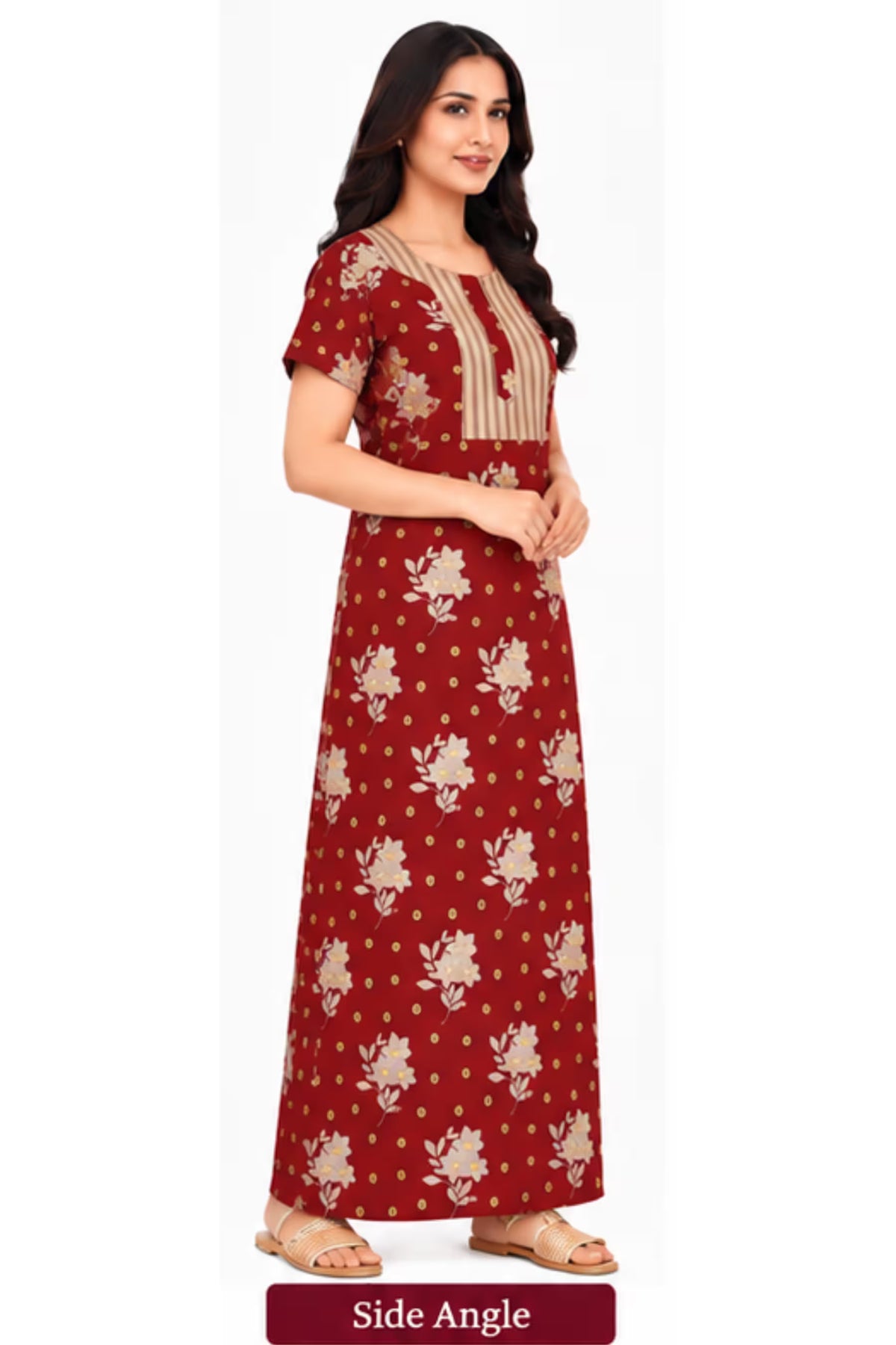 Side Angle - Pranjul 2019 Floral Printed Cotton Nighty for Women – Maroon Full Length | Bavis Clothing