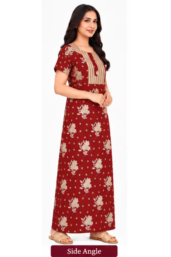 Side Angle - Pranjul 2019 Floral Printed Cotton Nighty for Women – Maroon Full Length | Bavis Clothing