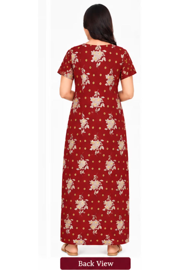 Back View - Pranjul 2019 Floral Printed Cotton Nighty for Women – Maroon Full Length | Bavis Clothing