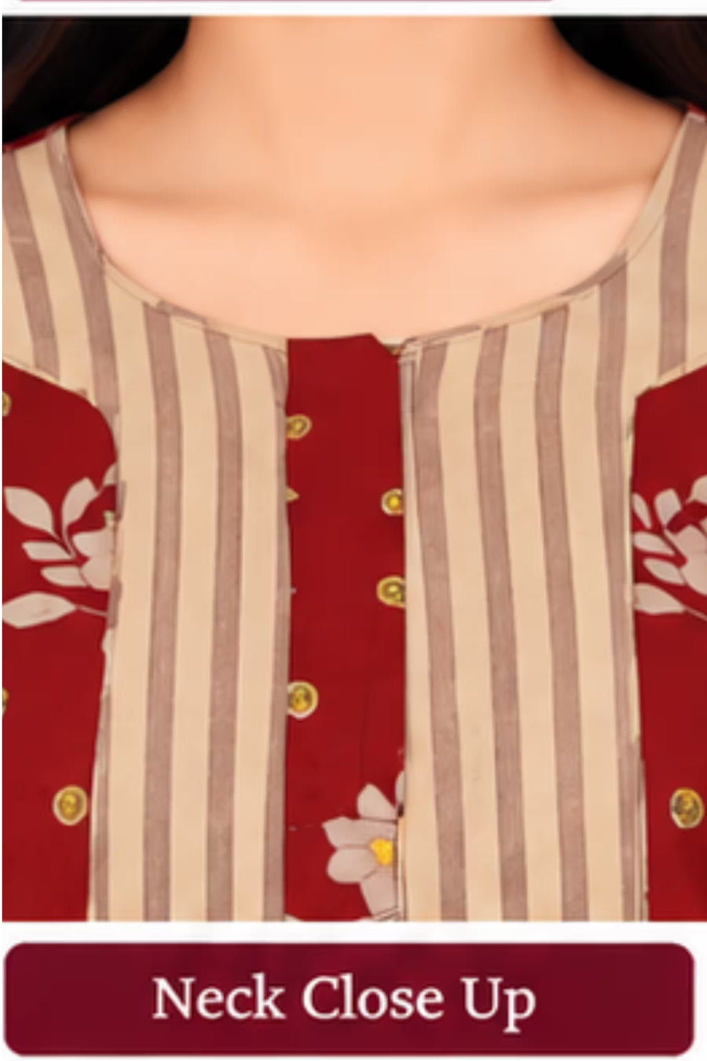 Neck Close Up - Pranjul 2019 Floral Printed Cotton Nighty for Women – Maroon Full Length | Bavis Clothing