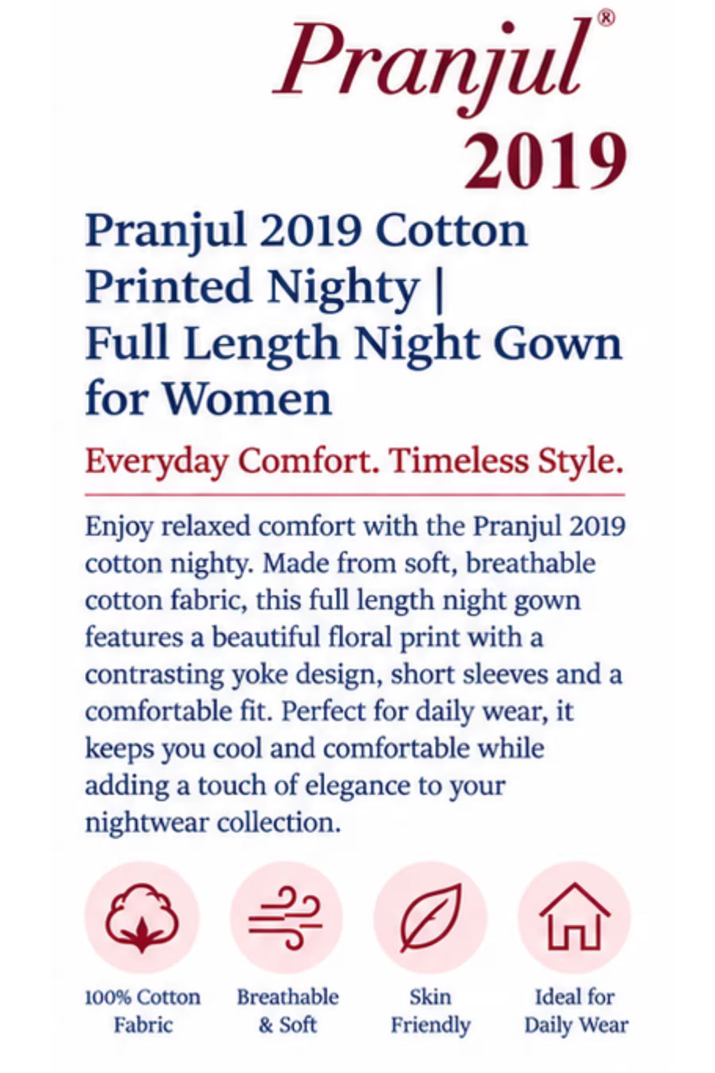 Product Detail - Pranjul 2019 Floral Printed Cotton Nighty for Women – Maroon Full Length | Bavis Clothing