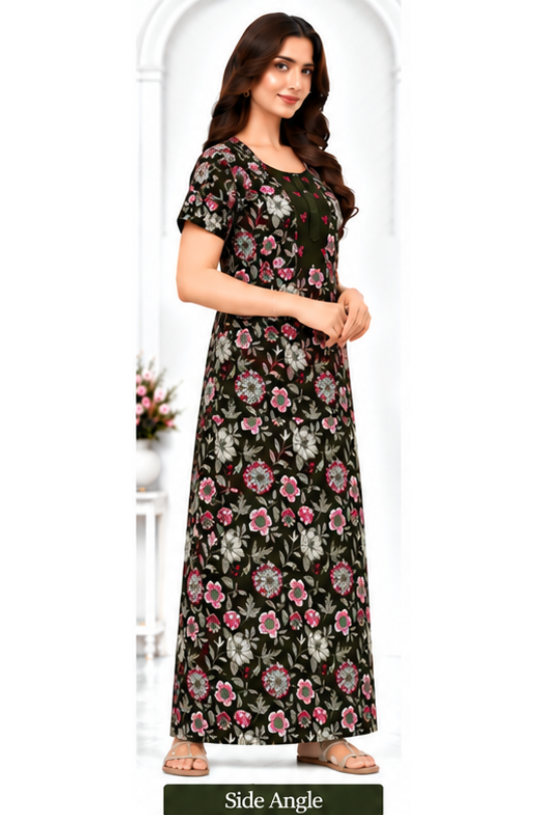 Pranjul 2074 Black Floral Printed Nighty for Women – Full Length Nightgown Secondary image