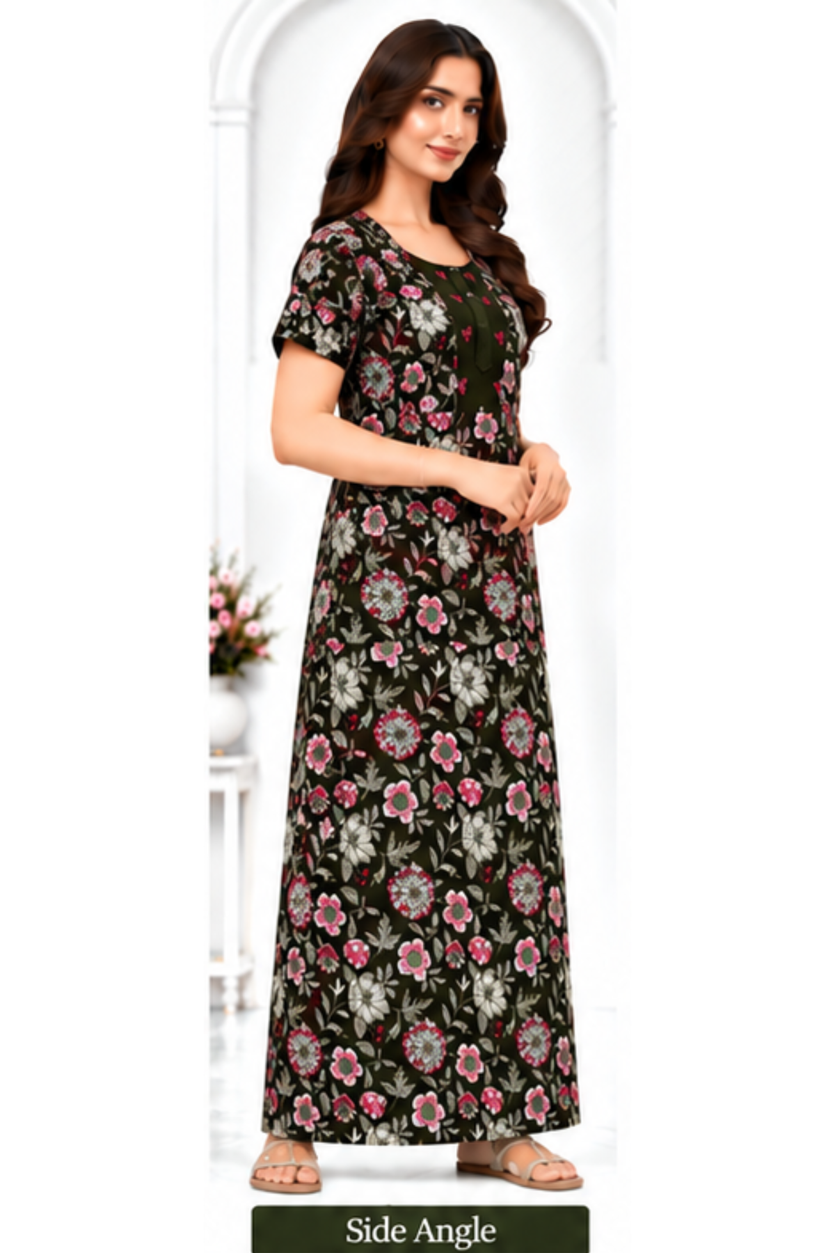 Side Angle - Pranjul 2074 Black Floral Printed Nighty for Women – Full Length Nightgown | Bavis Clothing