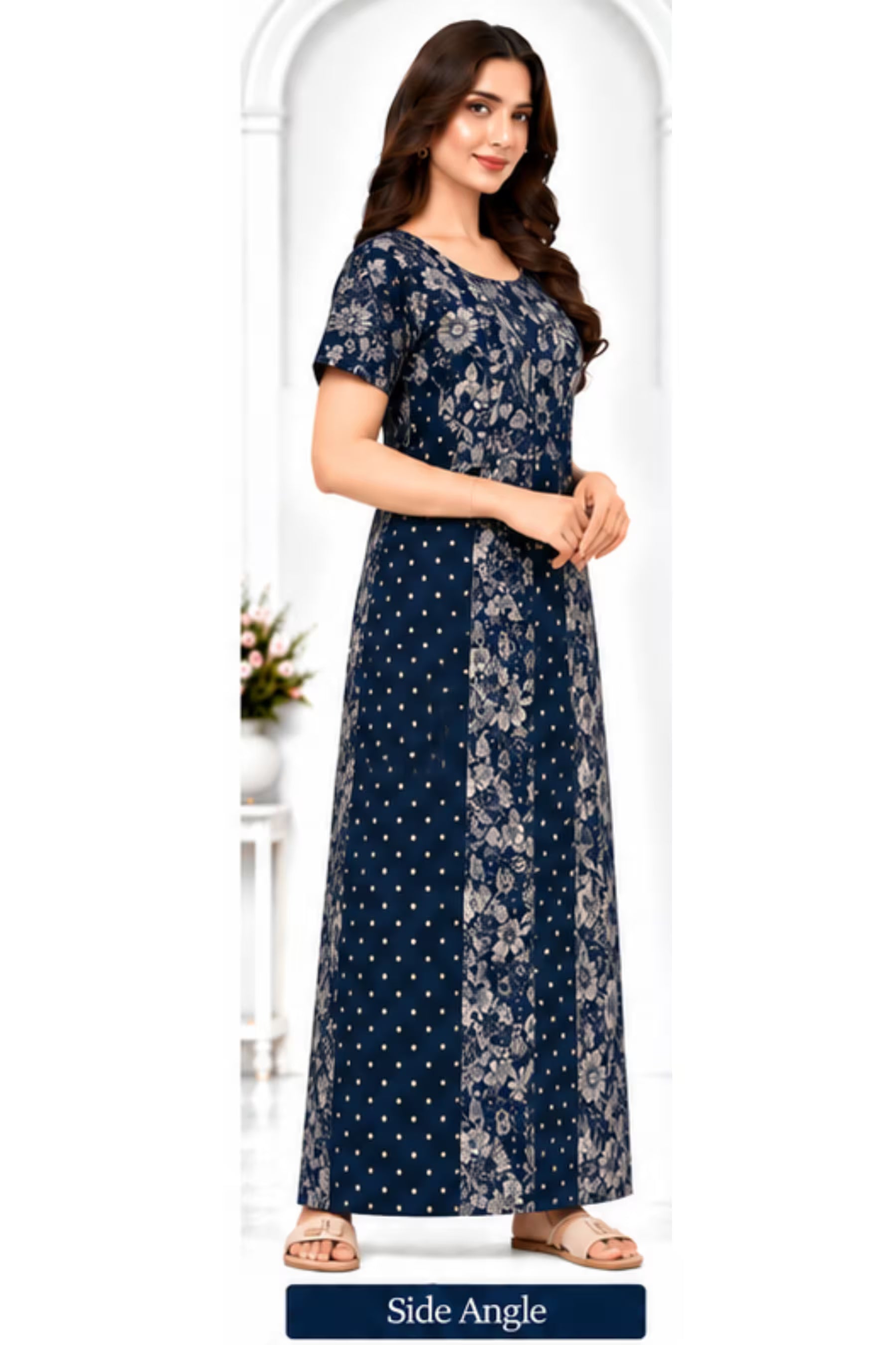 Pranjul 2076 Navy Blue Floral Printed Nighty for Women – Full Length Nightgown Secondary image
