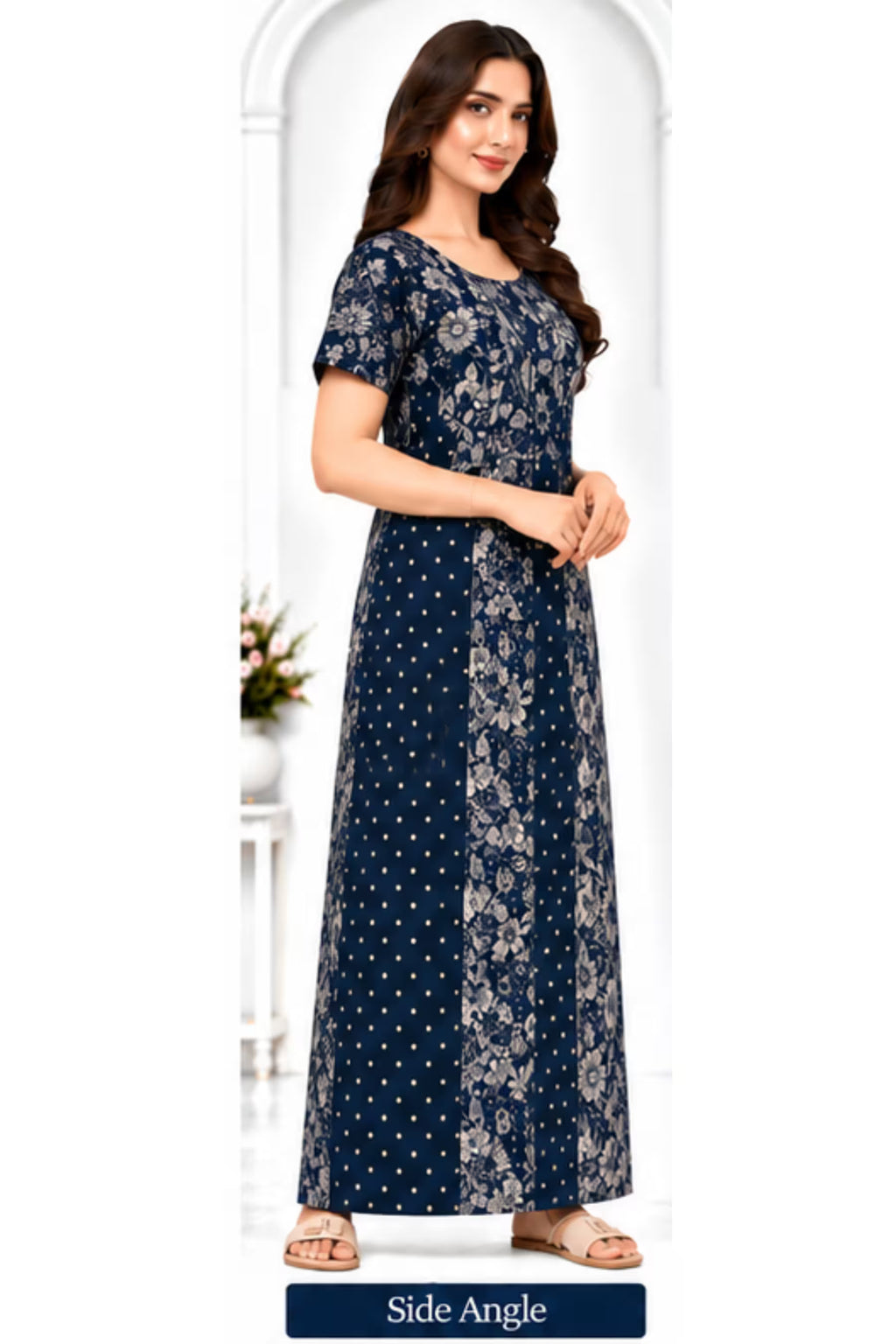 Side Angle - Pranjul 2076 Navy Blue Floral Printed Nighty for Women – Full Length Nightgown | Bavis Clothing