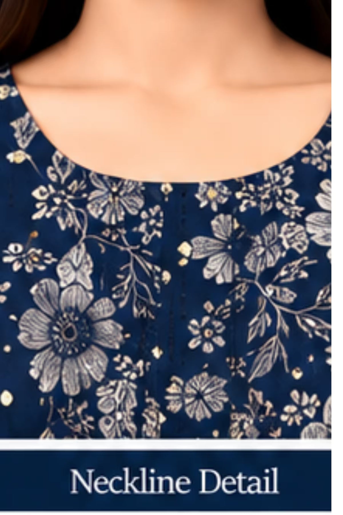Neckline detail - Pranjul 2076 Navy Blue Floral Printed Nighty for Women – Full Length Nightgown | Bavis Clothing