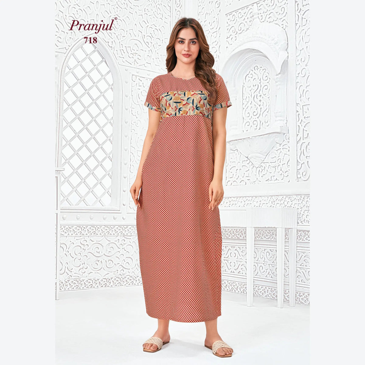 Pranjul Brand Pure Cotton Long Nighties P718 Main image