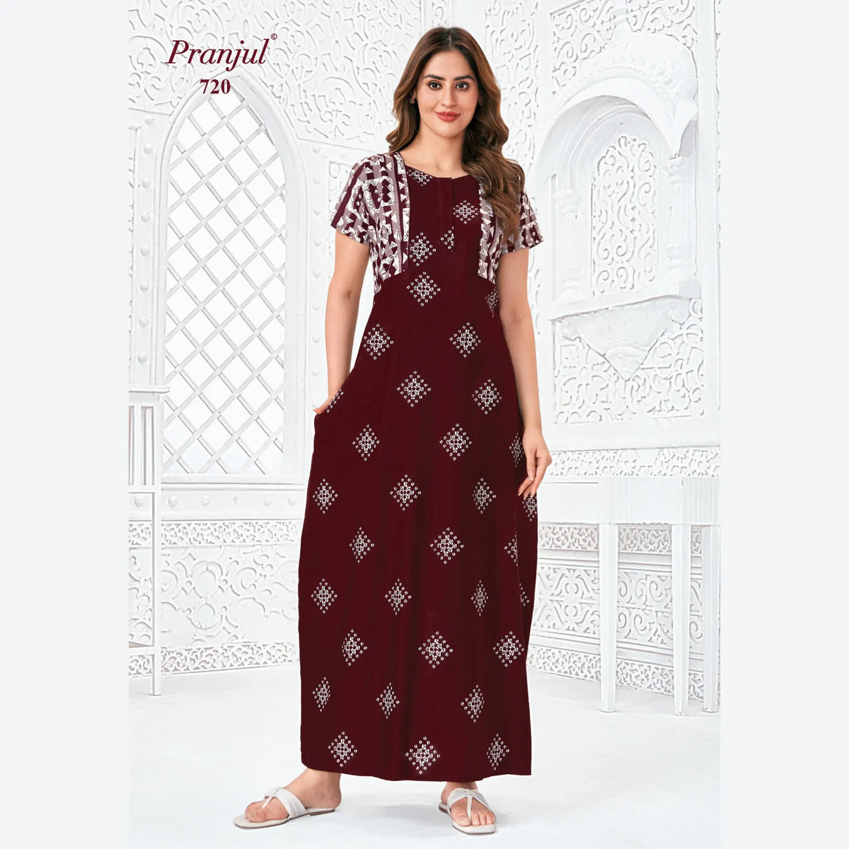 Pranjul Brand Pure Cotton Long Nighties P720 Main image