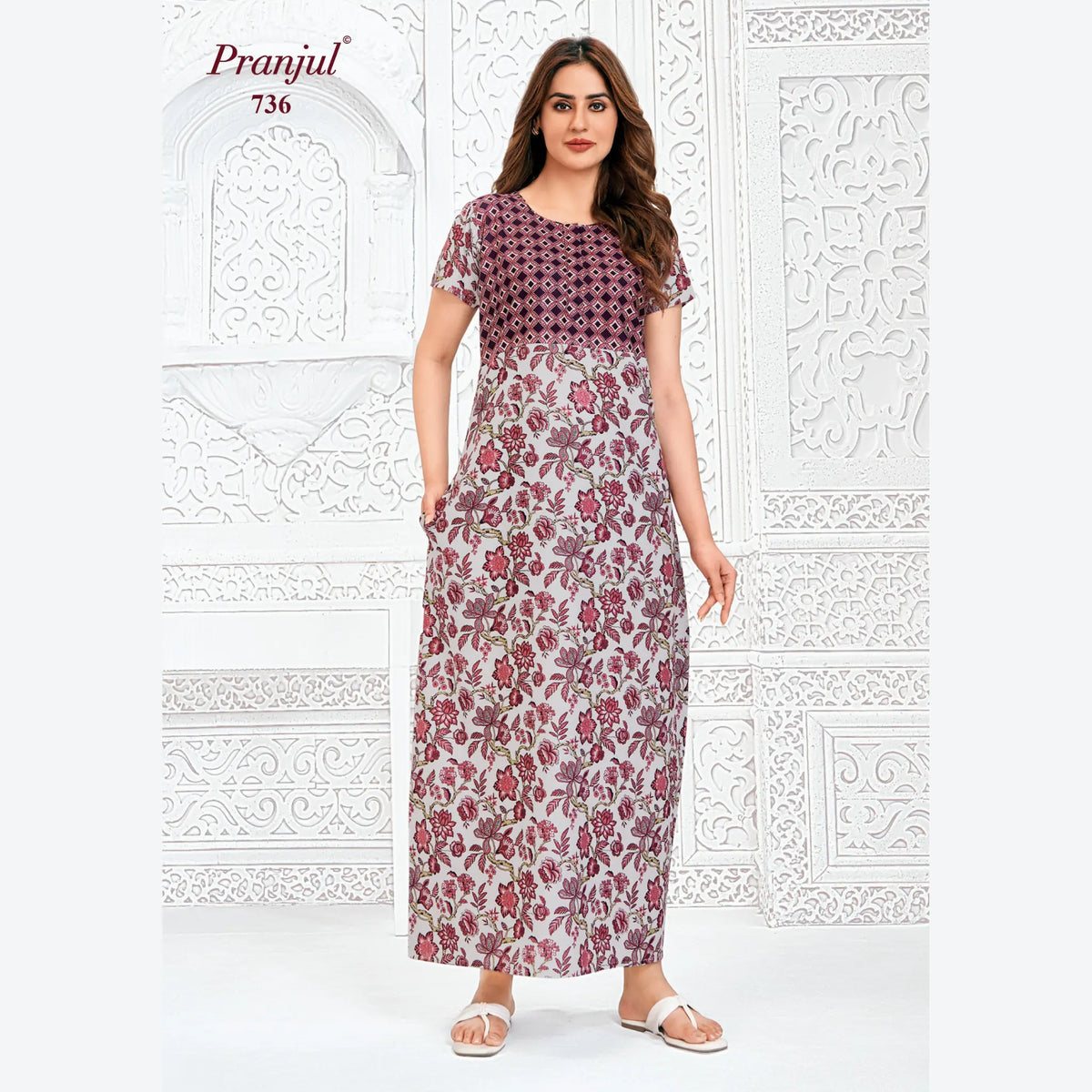 Pranjul Brand Pure Cotton Long Nighties P736 Main image
