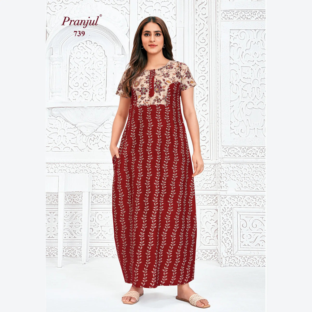 Pranjul Brand Pure Cotton Long Nighties P739 Main image
