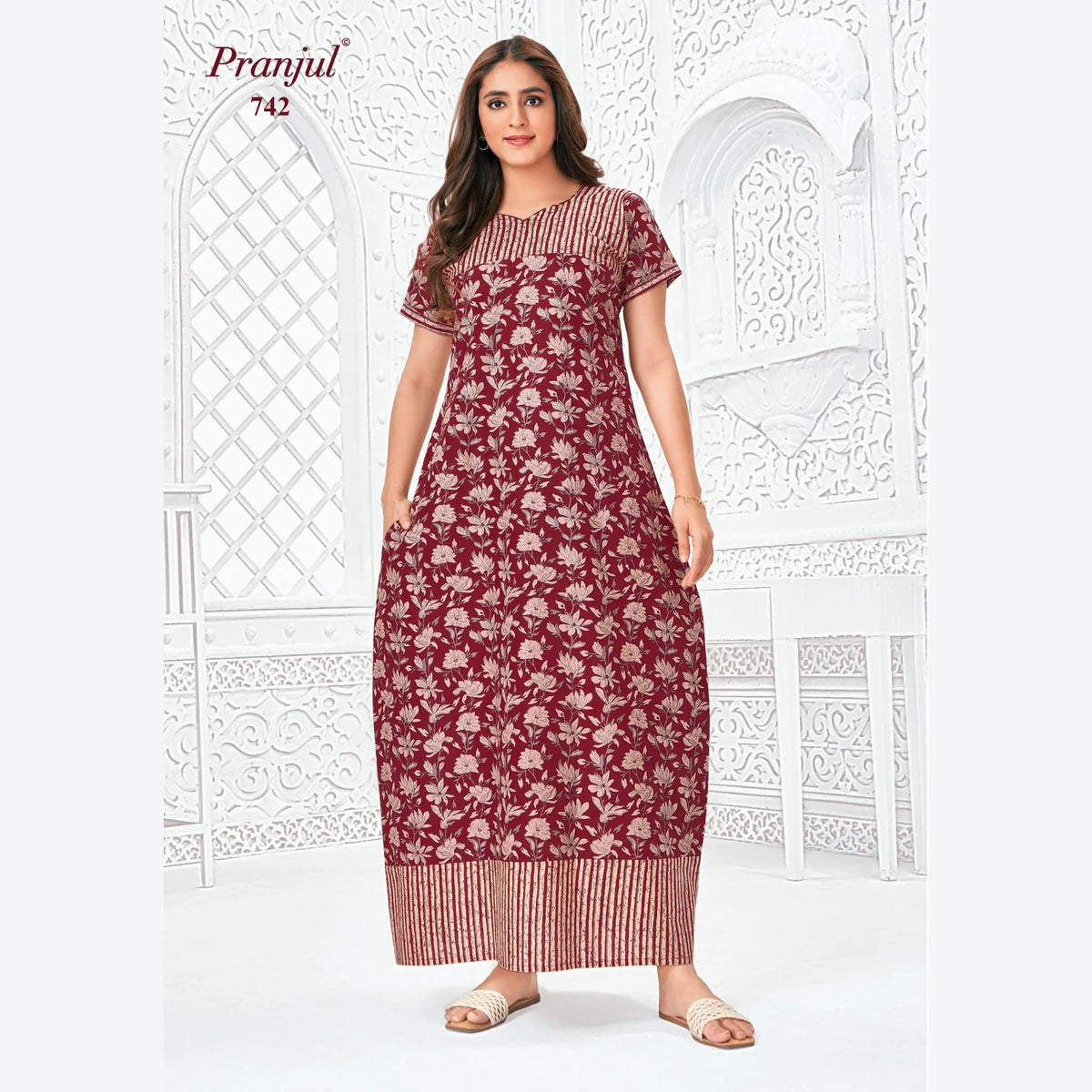 Pranjul Brand Pure Cotton Long Nighties P742 Main image