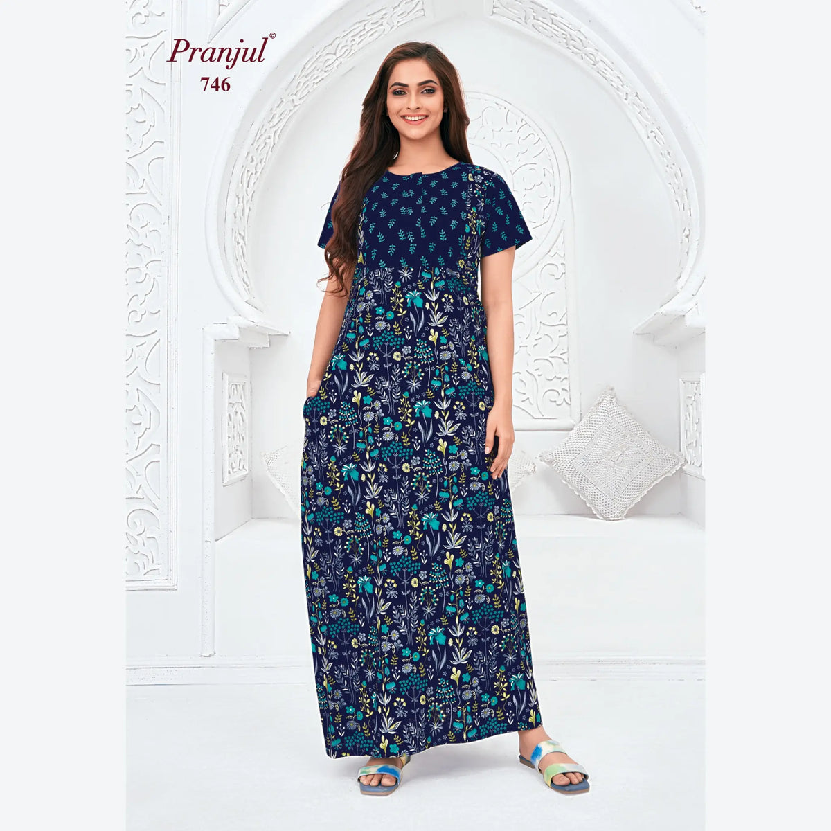 Pranjul Brand Pure Cotton Long Nighties P746 Main image