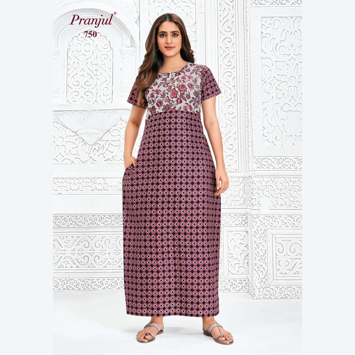 Pranjul Brand Pure Cotton Long Nighties P750 Main image