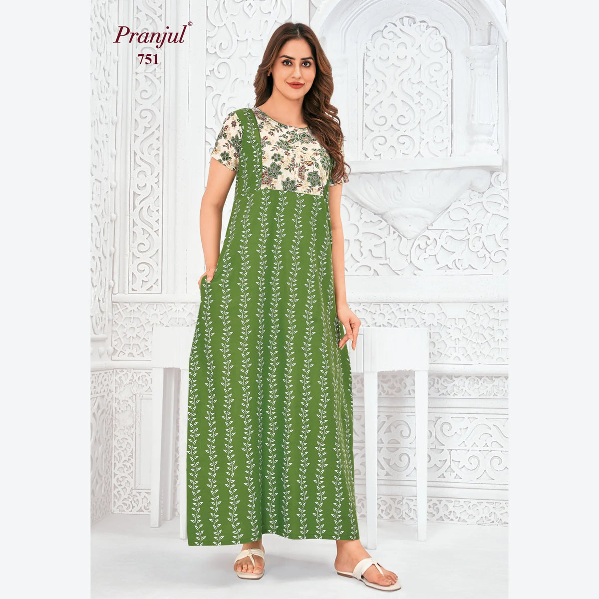 Pranjul Brand Pure Cotton Long Nighties P751 Main image