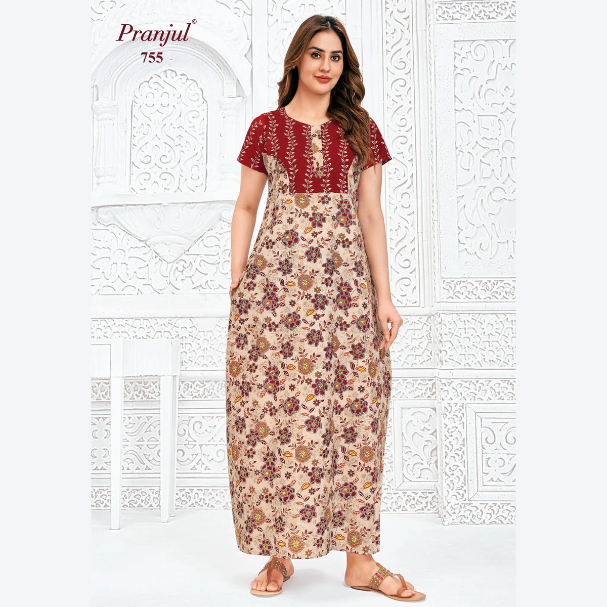 Pranjul Brand Pure Cotton Long Nighties P755 Main image
