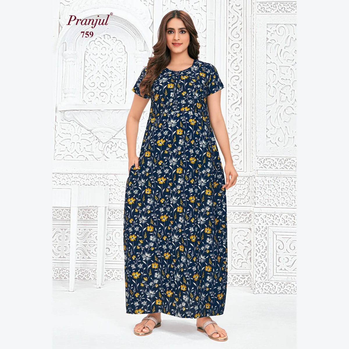 Pranjul Brand Pure Cotton Long Nighties P759 Main image