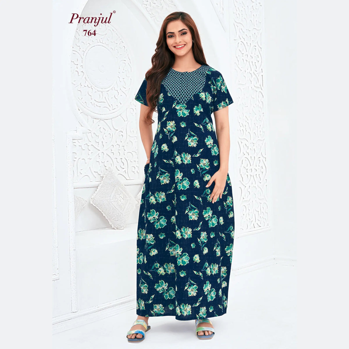 Pranjul Brand Pure Cotton Long Nighties P764 Main image