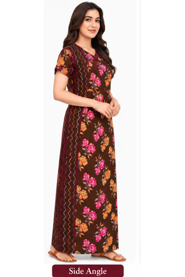Side Angle - Pranjul 2006 Cotton Nighty for Women | Chocolate Brown Floral | Bavis Clothing
