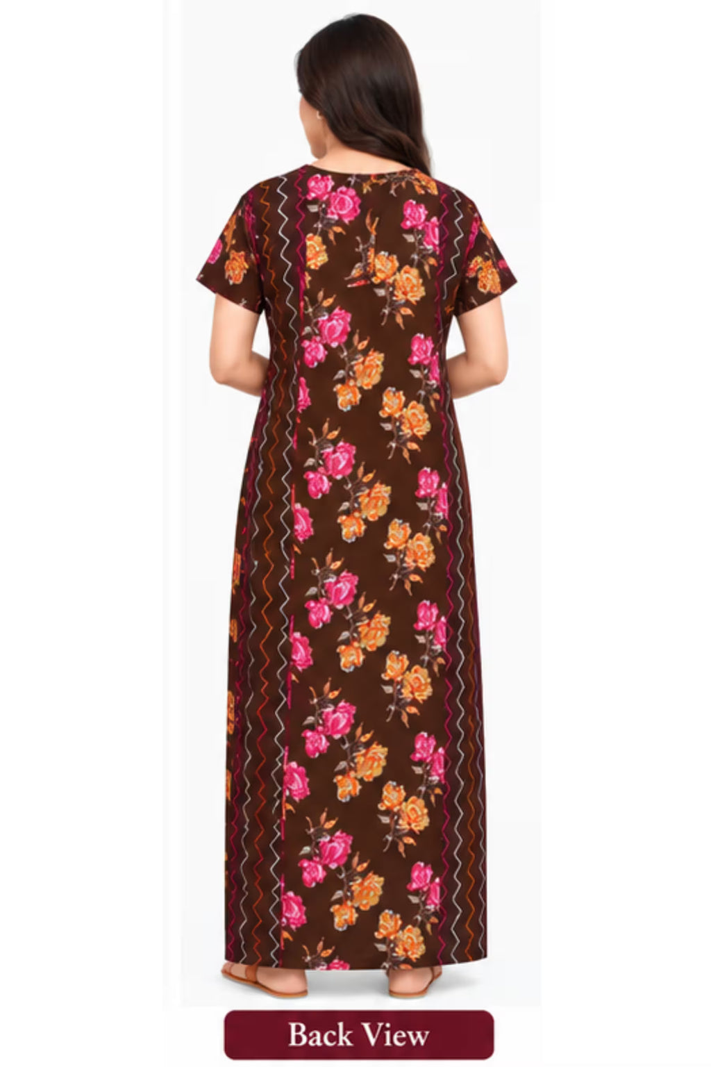 Back View - Pranjul 2006 Cotton Nighty for Women | Chocolate Brown Floral | Bavis Clothing