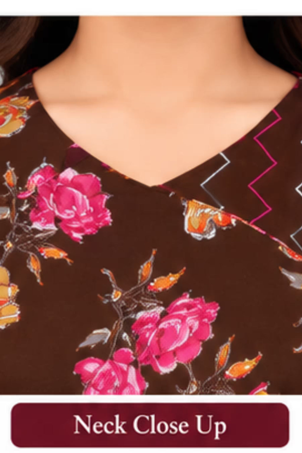 Neck Close Up - Pranjul 2006 Cotton Nighty for Women | Chocolate Brown Floral | Bavis Clothing