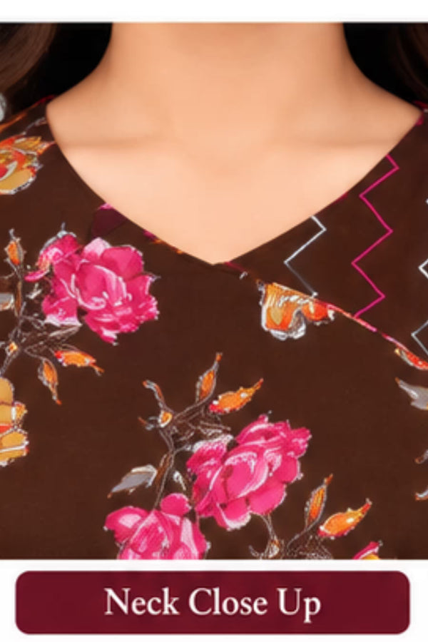 Neck Close Up - Pranjul 2006 Cotton Nighty for Women | Chocolate Brown Floral | Bavis Clothing