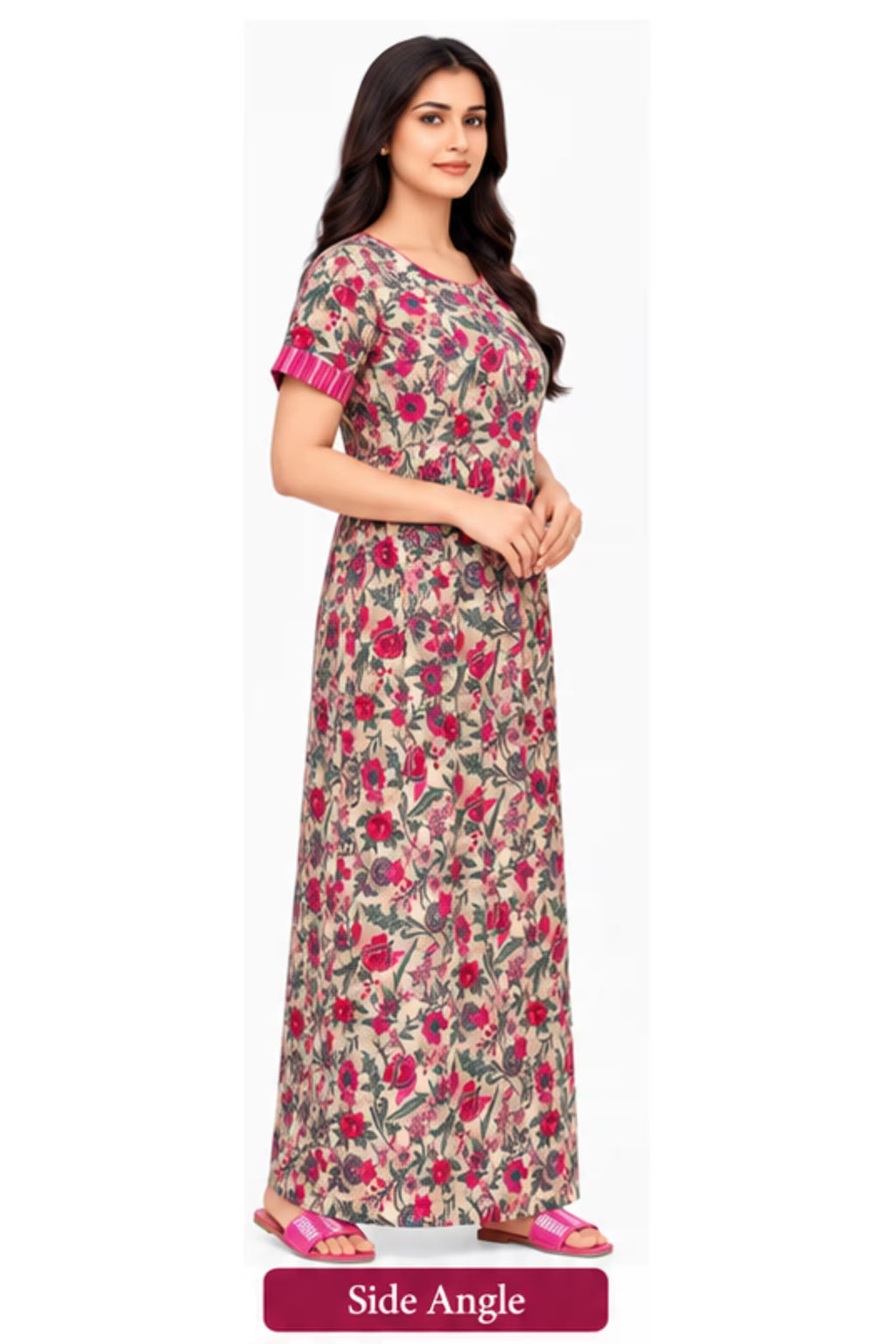 Side Angle - Pranjul 2007 Cotton Nighty for Women -Cream Floral | Bavis Clothing
