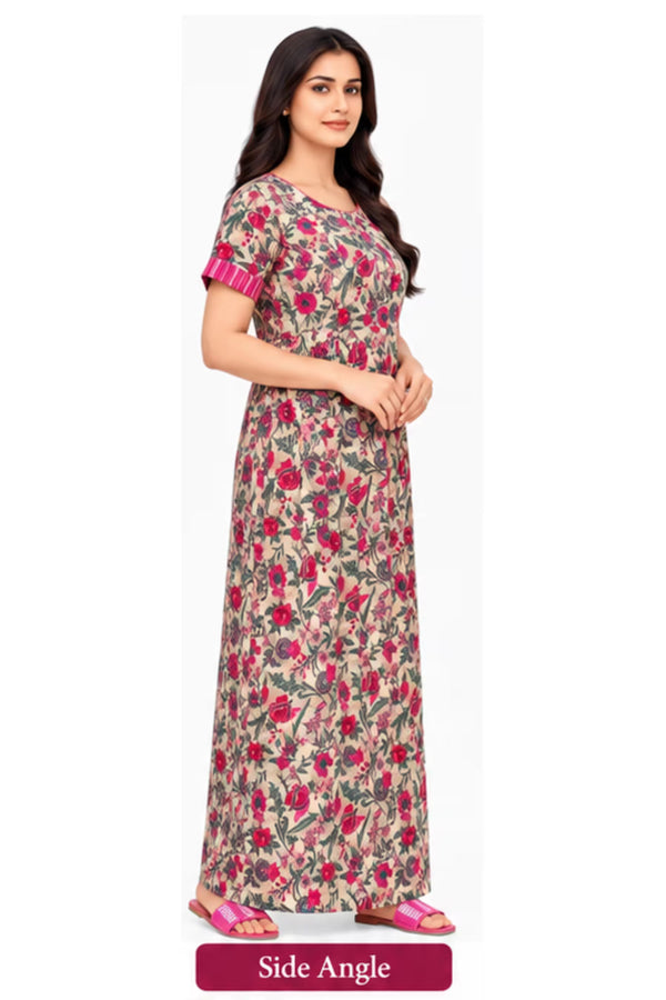 Side Angle - Pranjul 2007 Cotton Nighty for Women -Cream Floral | Bavis Clothing
