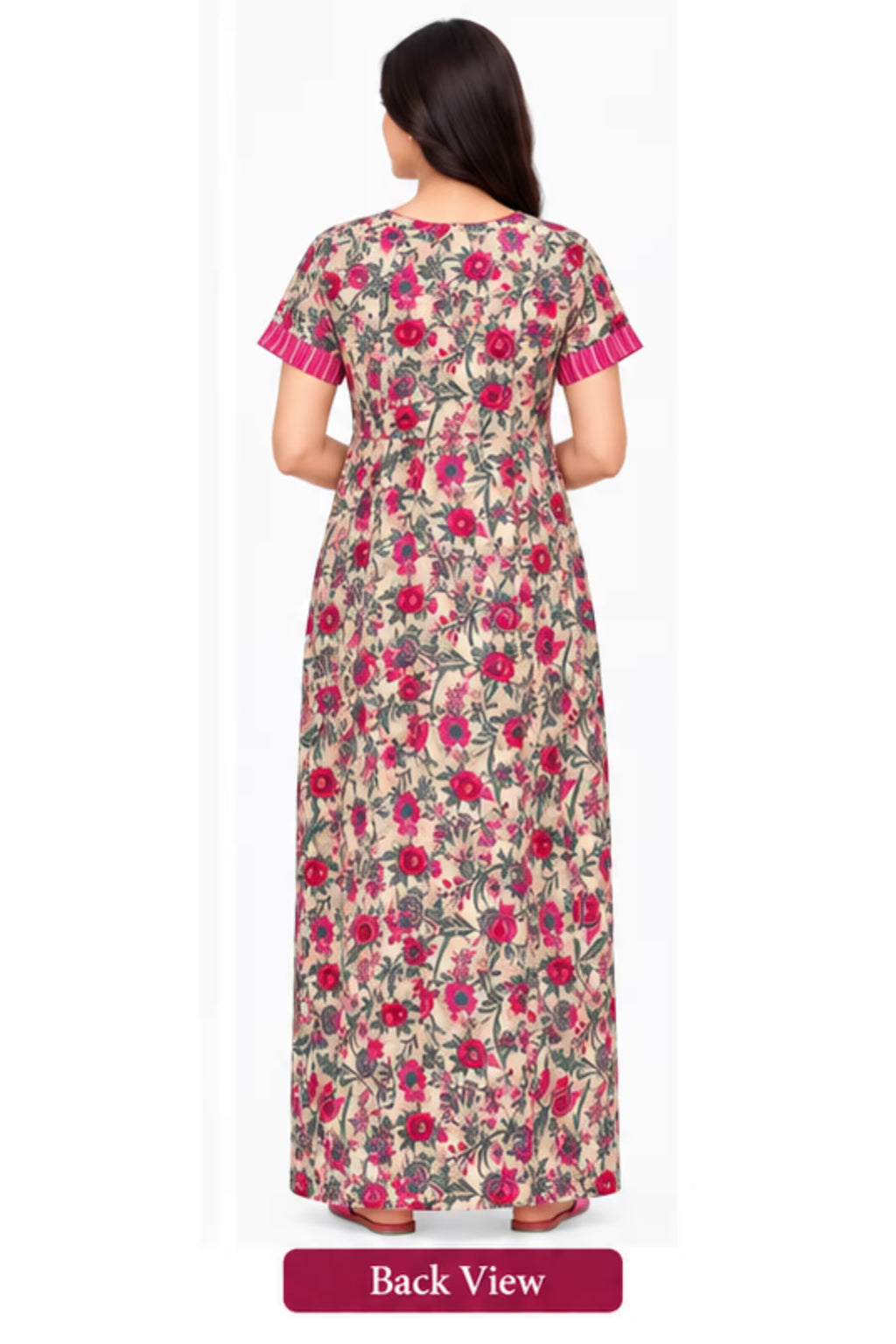 Back View - Pranjul 2007 Cotton Nighty for Women -Cream Floral | Bavis Clothing