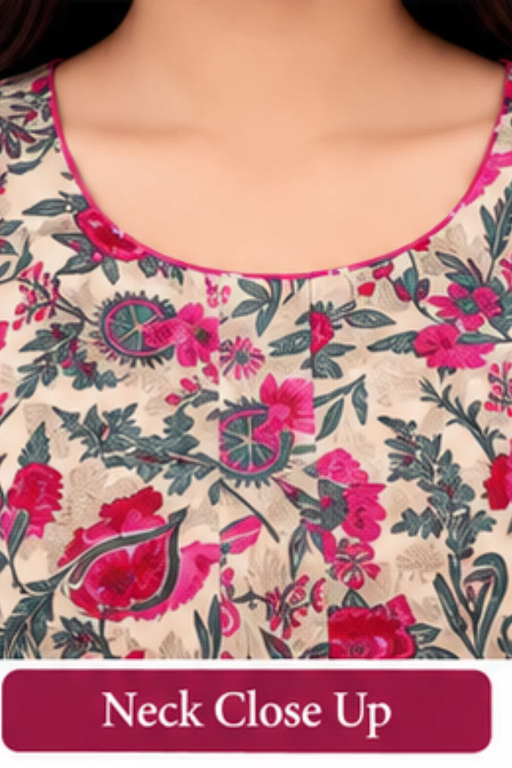 Neck Close Up - Pranjul 2007 Cotton Nighty for Women -Cream Floral | Bavis Clothing
