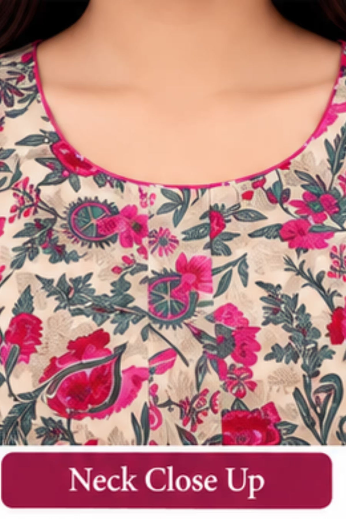 Neck Close Up - Pranjul 2007 Cotton Nighty for Women -Cream Floral | Bavis Clothing